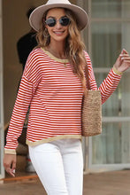 Striped Round Neck Drop Shoulder T-Shirt Red Woman Blouses