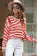 Striped Round Neck Drop Shoulder T-Shirt Woman Blouses