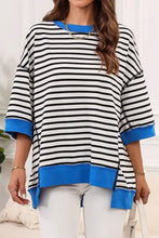 Striped round neck half sleeve black and white oversized T-shirt with blue cuffs
