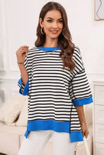 Striped round neck half sleeve black and white T-shirt with blue trim