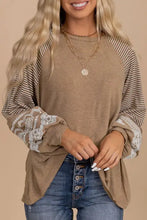 Striped Round Neck Long Sleeve Blouse Khaki Woman Blouses