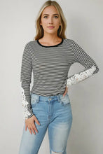 Women’s striped round neck long sleeve lace trim T-shirt with black and white stripes
