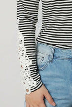Striped round neck long sleeve lace trim T-shirt in black and white