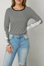 Striped round neck long sleeve lace trim T-shirt in black and white
