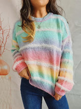 Striped Round Neck Long Sleeve Sweater Multicolor One Size Sweater Pullovers
