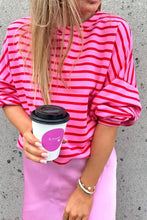 Pink and red striped round neck long sleeve sweatshirt in basic style