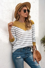 Women’s striped round neck long sleeve T-shirt with V-neck color-block