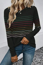 Black striped round neck long sleeve T-shirt with colorful horizontal stripes