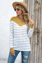Women’s striped round neck long sleeve T-shirt with mustard yellow V-neck yoke and cuffs