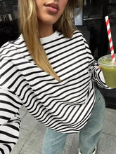 Black and white wavy-striped oversized casual sweatshirt with slightly stretchy fabric, machine wash cold, tumble dry low
