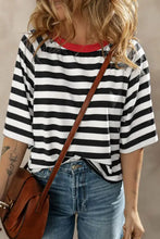 Striped round neck raglan sleeve t-shirt in black and white with red collar