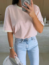 Striped Round Neck Short Sleeve T Shirt for Women Pink