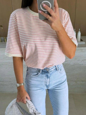 Striped Round Neck Short Sleeve T Shirt for Women Pink