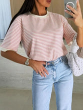 Striped Round Neck Short Sleeve T Shirt for Women