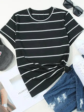 Black and white striped round neck short sleeve t-shirt with knotted hem