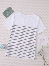 White striped round neck short sleeve t-shirt with black stripes