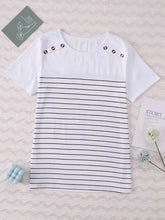 Striped round neck short sleeve t-shirt with black stripes and buttons