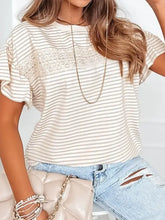 Women’s striped round neck short sleeve t-shirt with lace trim