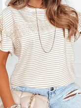 Striped round neck short sleeve T-shirt with lace detail