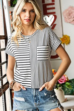 Women’s striped round neck short sleeve tee with chest pocket and denim shorts