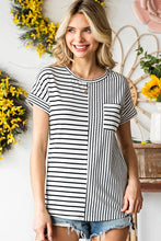 Women’s black and white striped round neck short sleeve tee with chest pocket