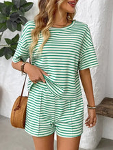 Green and white striped knit round neck short sleeve top and shorts set