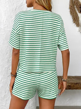 Green and white striped ribbed knit two-piece top and shorts set