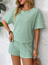 Green and white striped ribbed knit two-piece top and shorts set