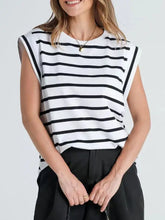 A black and white horizontally striped round neck tank with a sleeveless relaxed fit top design