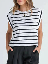 Black and white horizontally striped round neck tank top with sleeveless relaxed fit for casual wear