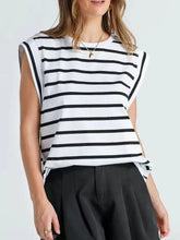 Black and white striped round neck tank with a relaxed fit sleeveless design for casual wear