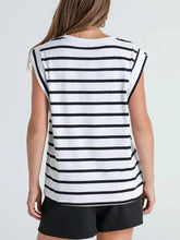 Sleeveless black and white striped round neck tank with a relaxed fit perfect for casual wear
