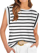 Black and white striped round neck tank with sleeveless design and relaxed fit perfect for casual wear