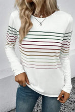 Striped round neck white long sleeve top, machine washable