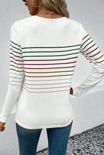 Striped round neck white long sleeve top, machine washable