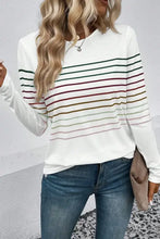 Striped round neck white long sleeve top, machine washable