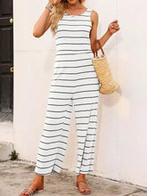 Striped round neck wide leg jumpsuit in white and black stripes