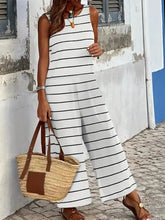 Striped round neck wide leg jumpsuit in black and white stripes