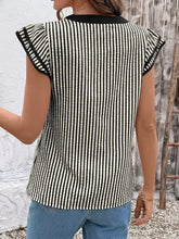 Black and white striped ruffle sleeve blouse featuring sleeveless design and delicate vertical stripes for stylish wear