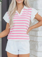 Pink and white striped ruffled sleeve blouse featuring short sleeves and a comfortable cotton blend fabric