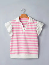 Pink and white striped blouse with ruffled sleeves and a solid white collar features ruffled design for elegant wear