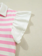Pink and white striped blouse with a crisp white collar and features ruffled short sleeves for a stylish look
