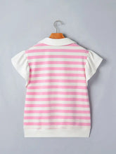 Pink and white striped ruffled sleeve blouse featuring a white collar in short-sleeved sleeveless design