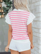 Pink and white striped ruffled sleeve blouse features short sleeves and a ruffled sleeve design for casual wear