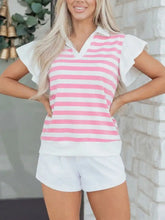 Pink and white striped ruffled sleeve blouse with short sleeves and a collared neckline features ruffled details
