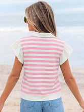 Striped ruffled sleeve blouse featuring a pink and white horizontally striped collar top with short ruffled sleeves