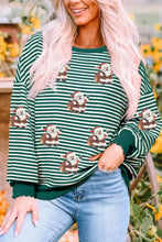 Striped santa round neck christmas sweatshirt in green and white featuring sequined santa claus designs made of slightly stretchy material machine wash cold