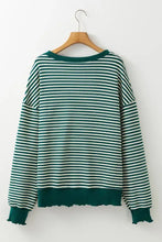 Striped santa round neck christmas sweatshirt in green and white slightly stretchy material with ribbed crew neckline and cuffs machine wash cold