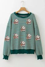 Striped santa round neck christmas sweatshirt in green and white with sequined santa appliqués and slightly stretchy material suitable for machine wash cold