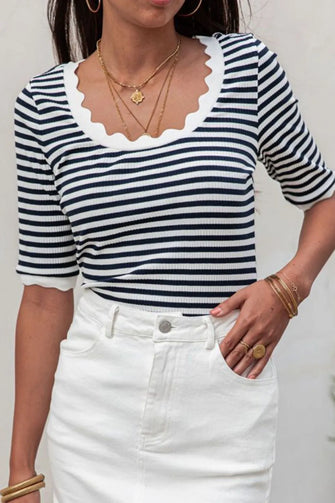 Striped Scallop-Trim Top with White Denim Skirt Set Black